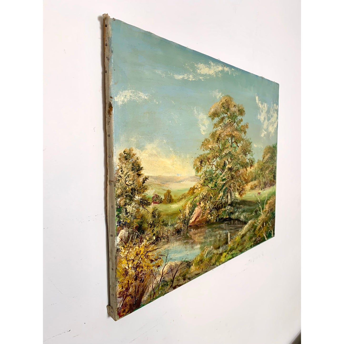 Vintage 1966 Landscape Oil Painting on Canvas – Signed C.A. Gays – Mid Century Original Farm Scene with Tree & Pond