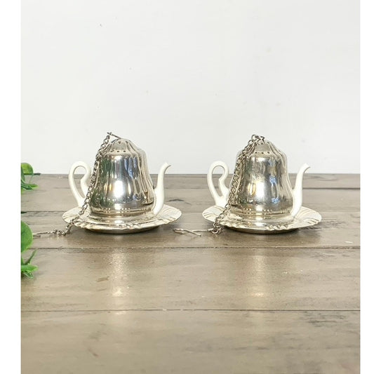 Vintage Silverplate Tea Infuser Set Mini Teapot Tea Strainers with Drip Trays