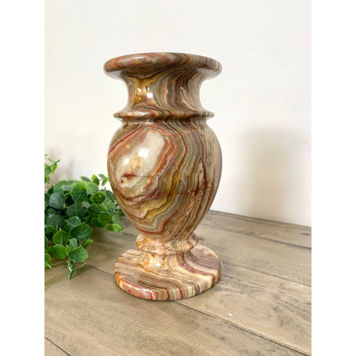 Vintage Polished Onyx Stone Vase Natural Striped Marble Pattern Earthy Boho Urn