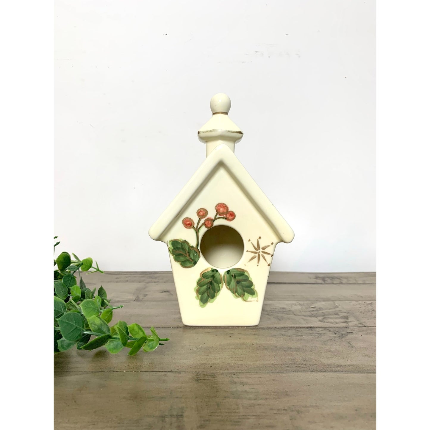 Vintage Ceramic Christmas Birdhouse with Hand Painted Holly and Berry Design Holiday Cottage