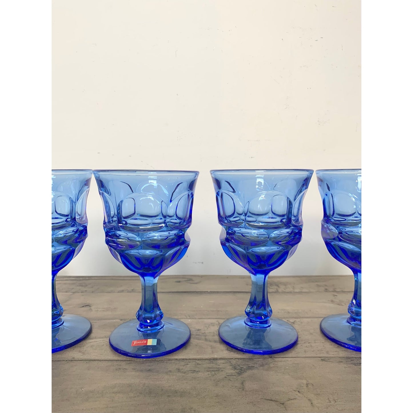 Vintage Fostoria Argus Blue Water Goblets Stem Mid Century Glassware Retro Set 4