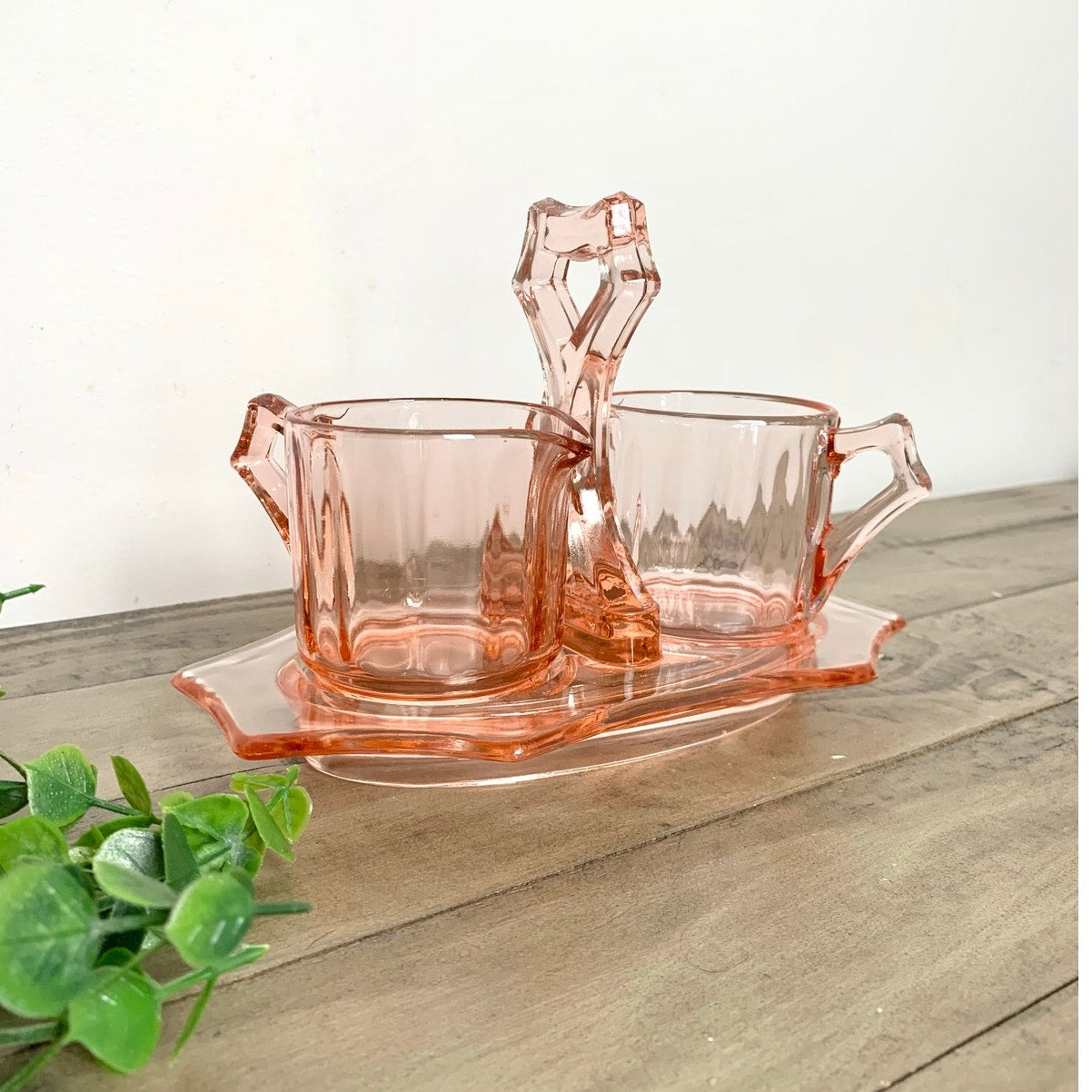 Vintage Cambridge Pink Depression Glass Cream and Sugar Set with Caddy