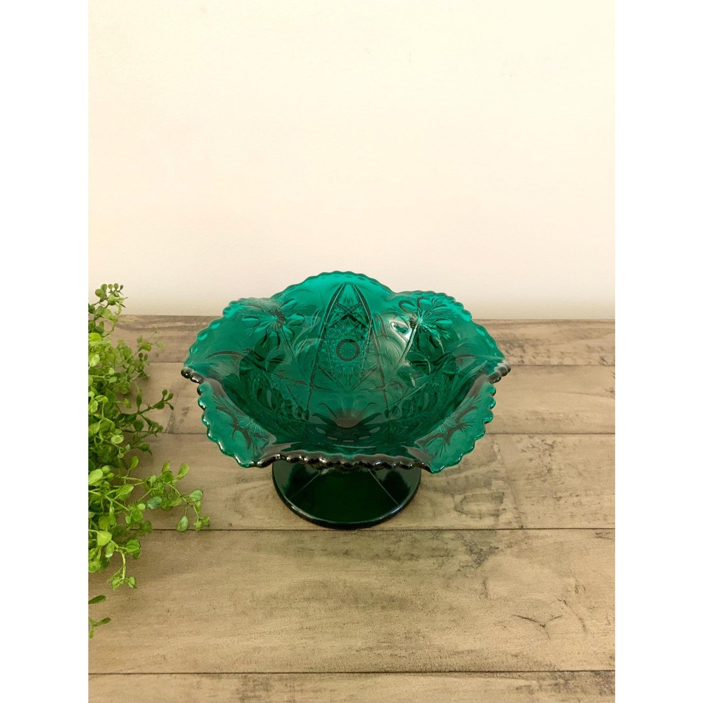 Vintage Green Imperial Glass Pedestal Compote Bowl Dish with Fluted Rim