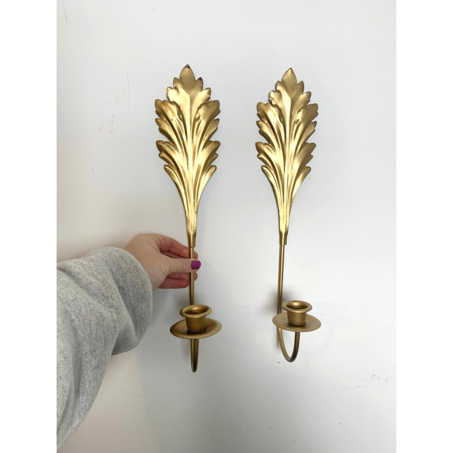 Vintage Gold Leaf Wall Sconces Pair Candleholders Hollywood Regency 15.5 Mid Century Glam