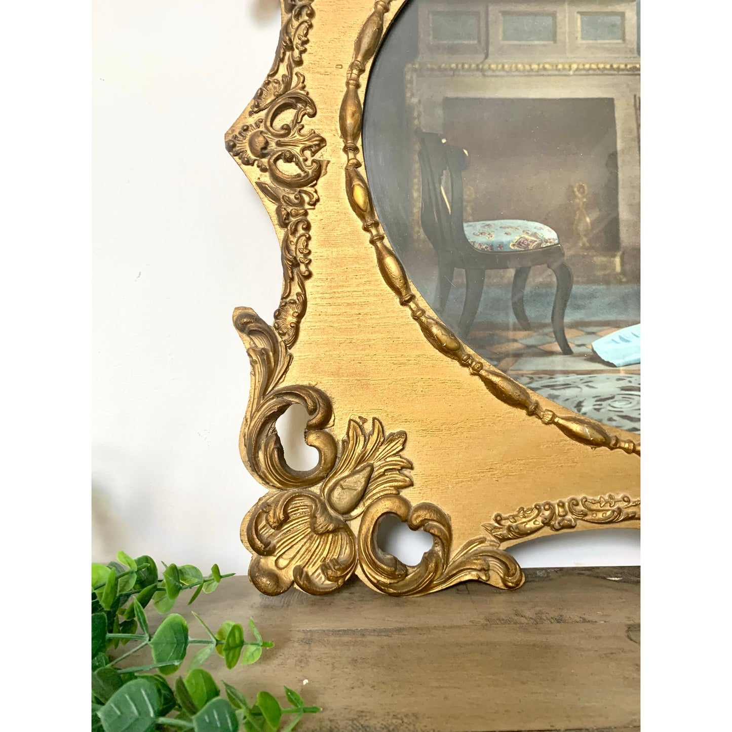 Vintage Gilt Rococo Framed Engagement Portrait Wall Art Romantic Print Ornate Carved Wood