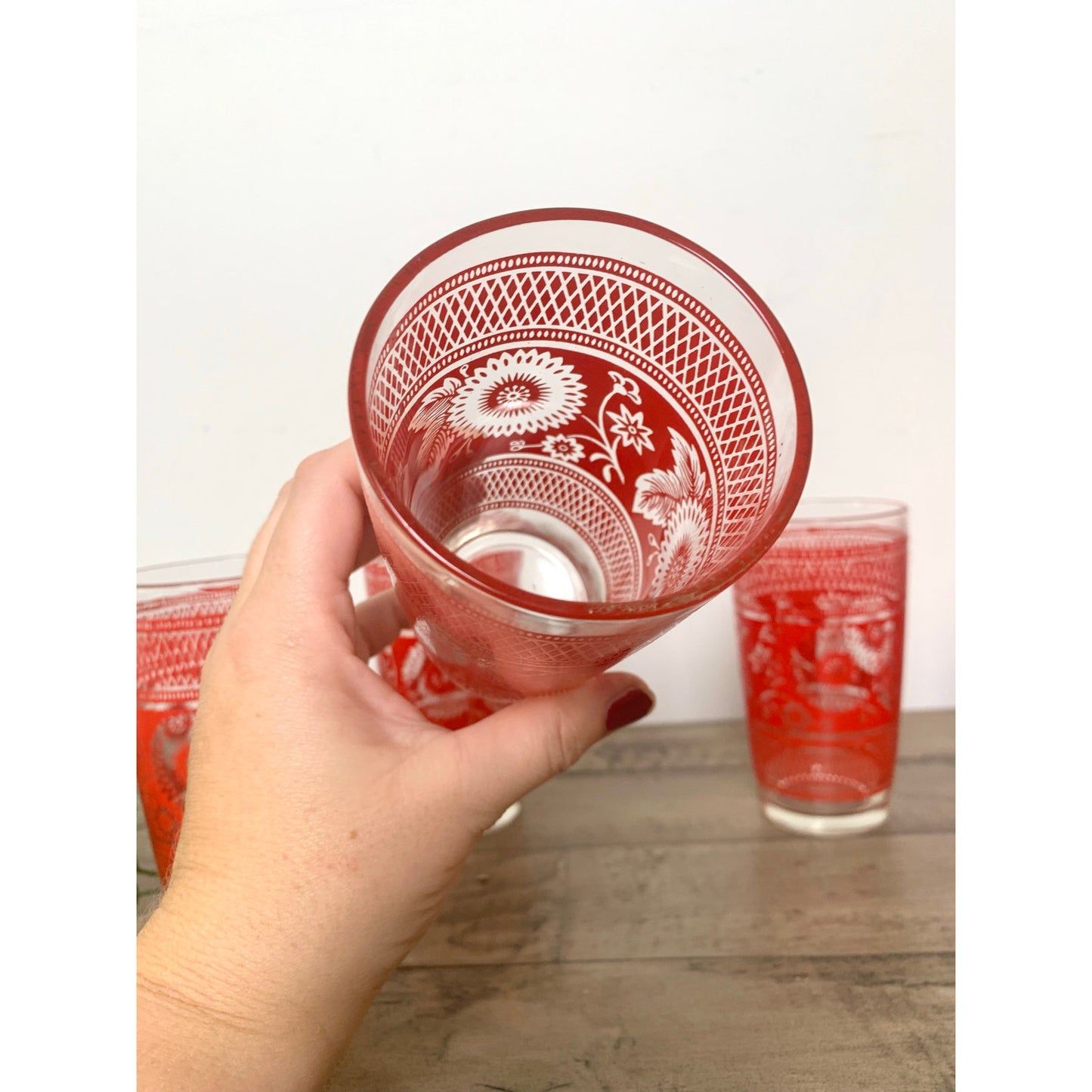 Vintage Red Floral Glasses 12pc Mid Century Retro Barware Drinkware Boho Cottage