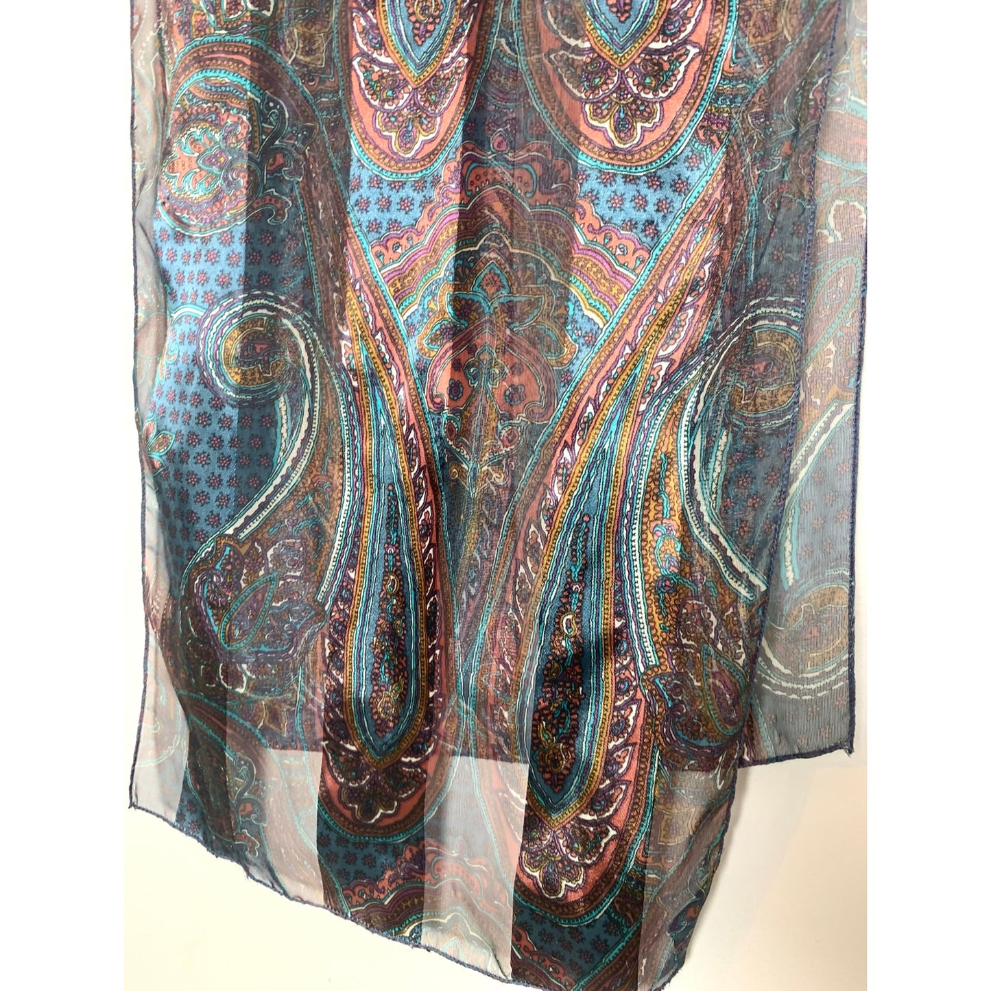 Vintage Sheer Paisley Scarf in Blue Teal and Burgundy Pink Boho Retro Pattern Fall Quiet Luxury