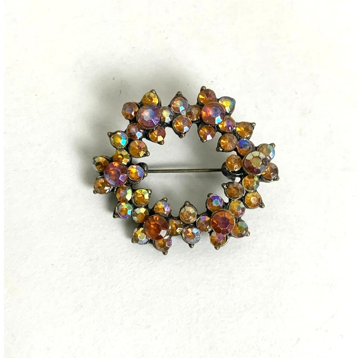 Vintage Aurora Borealis Rhinestone Wreath Brooch Statement Pin Mid Century Glam