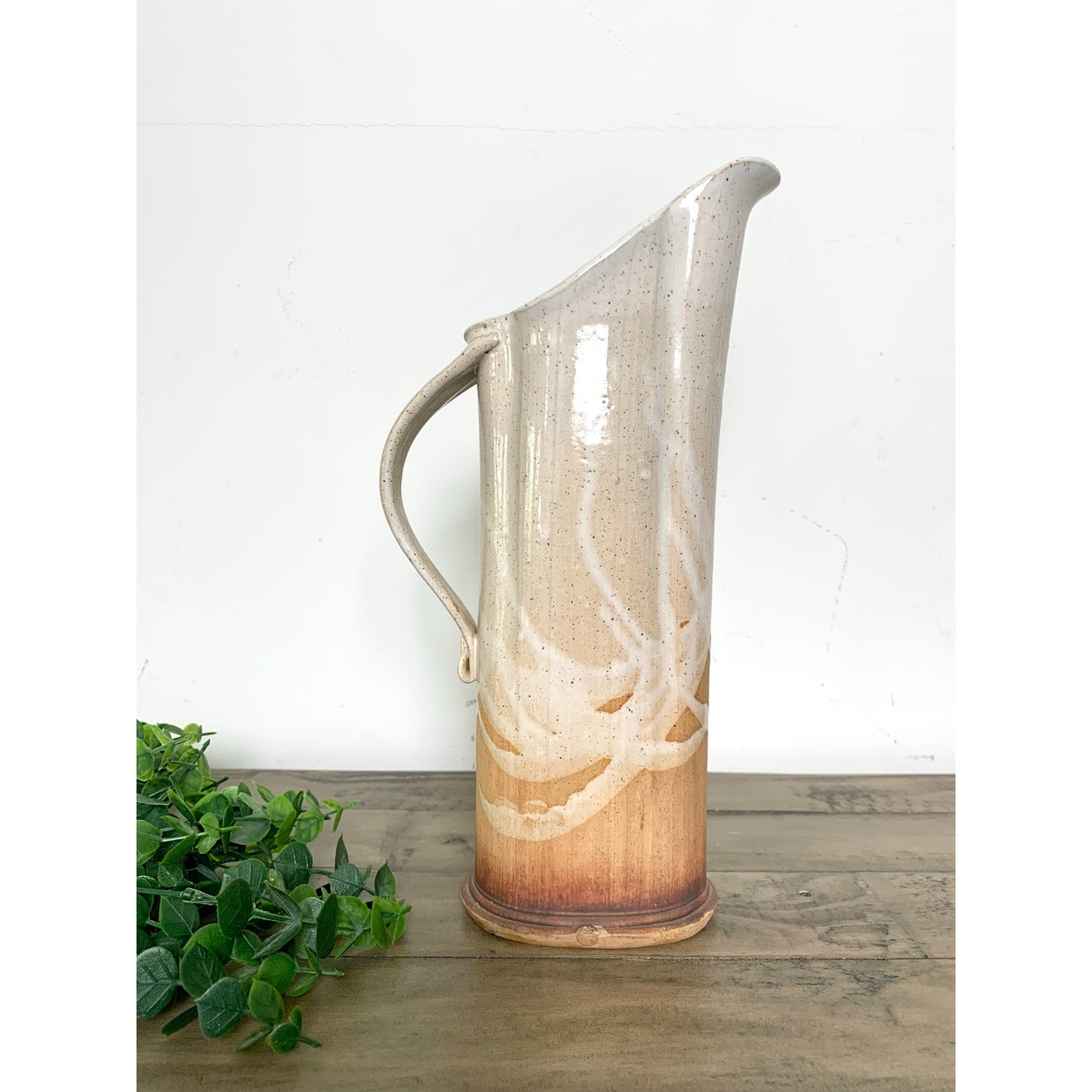 Handmade Artisan Pottery Pitcher Vase, Stoneware Rustic Neutral Glaze, 12.75" H