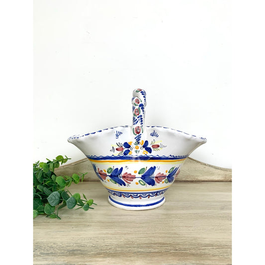 Vintage Hand Painted Pottery Basket Bowl Vase Twisted Braided Handle Cottagecore
