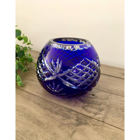 Vintage Cobalt Blue Cut to Clear Crystal Candle Votive Vase