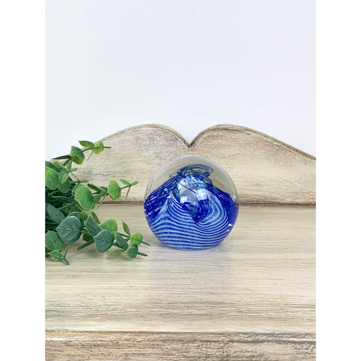 Vintage Caithness Blue Swirl Glass Paperweight Signed Scottish Art Glass Mid Century Style