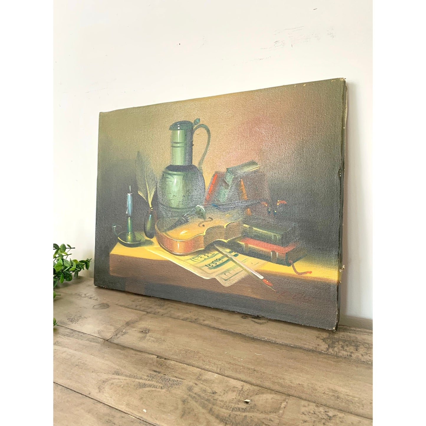 Vintage Still Life Oil Painting with Violin and Books Certified Original Signed