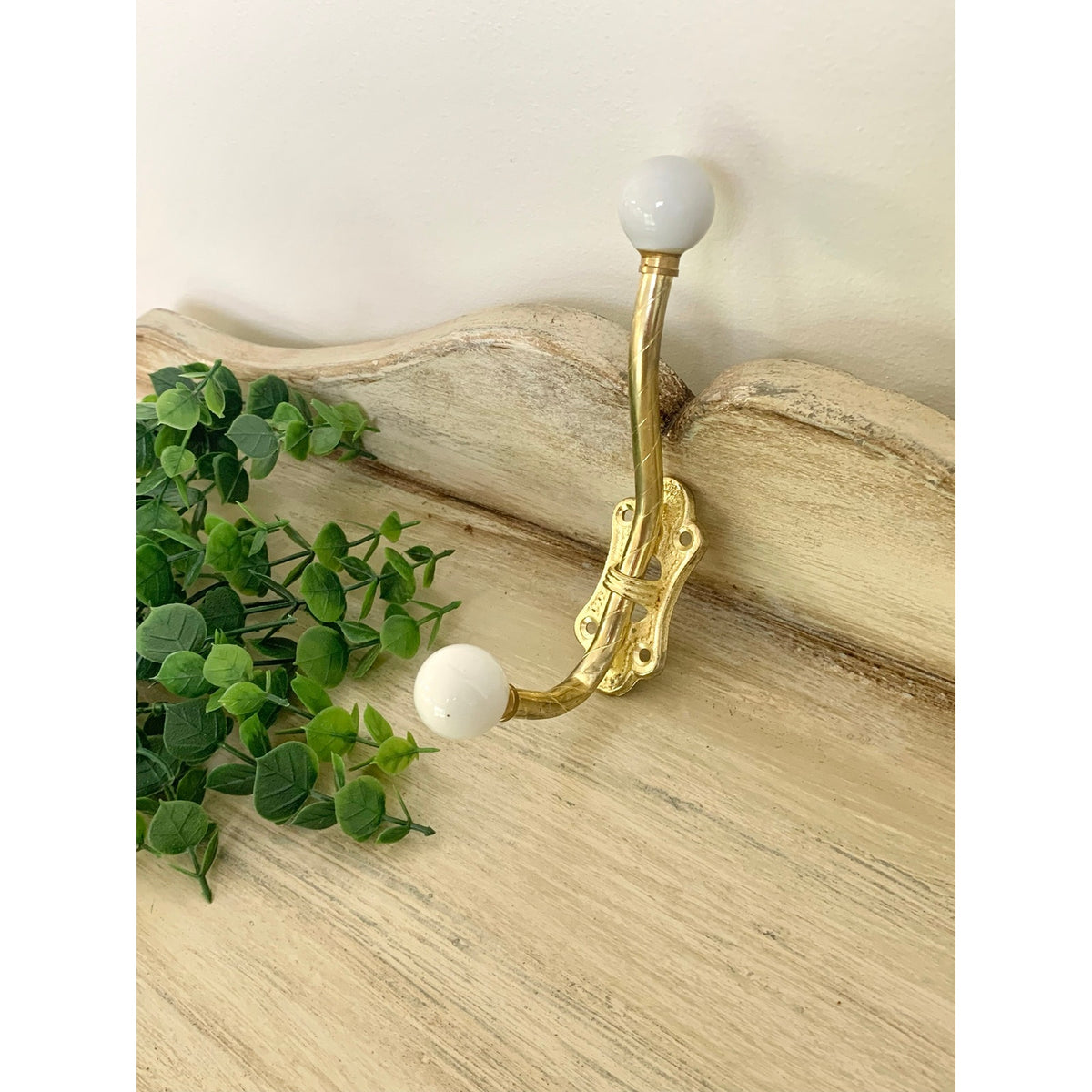 Vintage Brass Double Wall Hook White Porcelain Knobs Coat Rack Hardware