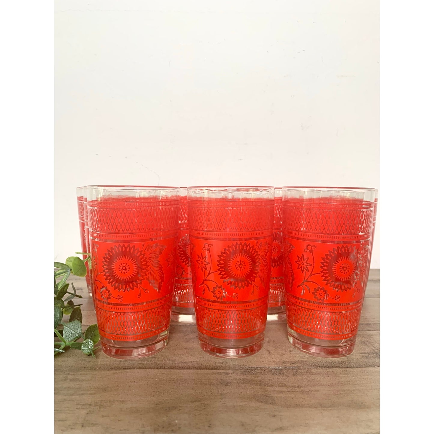 Vintage Mid Century Barware Glasses 12pc Retro Floral Red Drinkware Boho Cottage