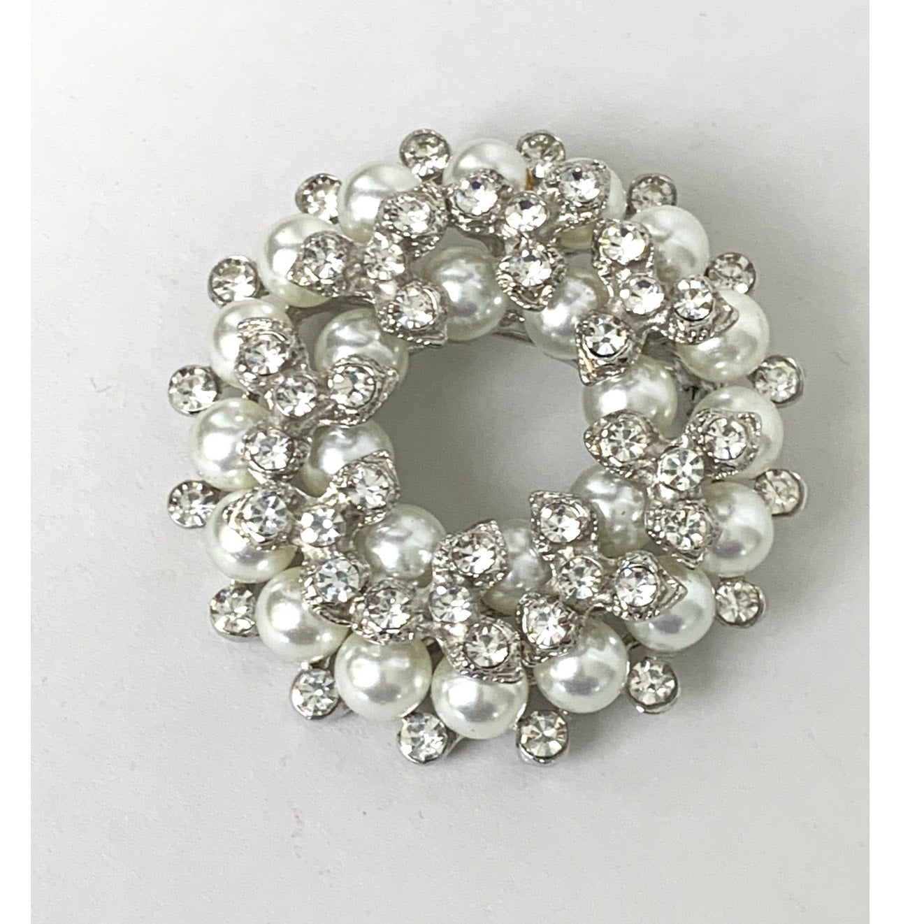 Vintage Faux Pearl and Rhinestone Wreath Brooch Classic Circle Pin Elegant Jewelry
