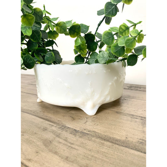 Vintage Milk Glass Footed Bowl Embossed White Centerpiece Dish Cottage Shabby