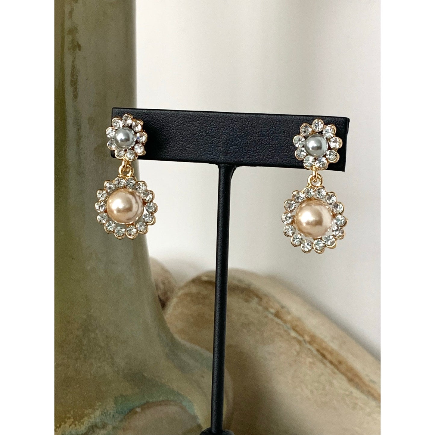 Statement Faux Pearl & Rhinestone Halo Post Back Drop Earrings Romantic Feminine