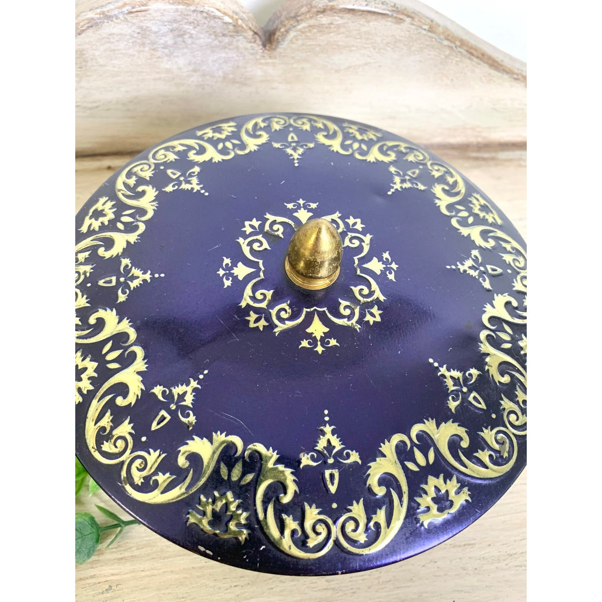 Vintage English Lidded Tin Tea Caddy Biscuit Tin Cobalt Blue Gold Lidded Container