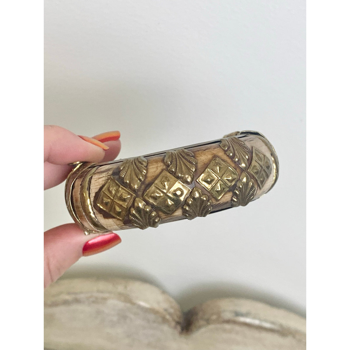 Vintage Camel Bone Bangle Bracelet Brass Overlay Hinged Statement Jewelry