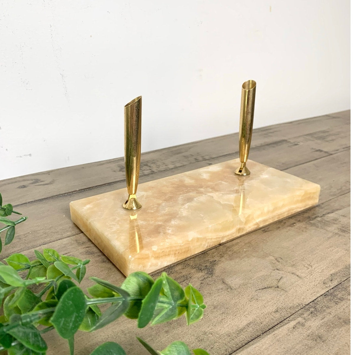 Vintage Onyx Stone Double Brass Pen Holder Desk Stand Office Old Money Academia