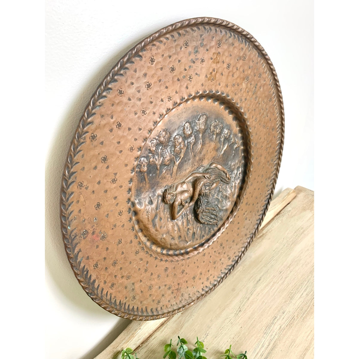 Vintage Copper Leda and Swan Repousse Wall Plaque Mythological Art Relief Scene