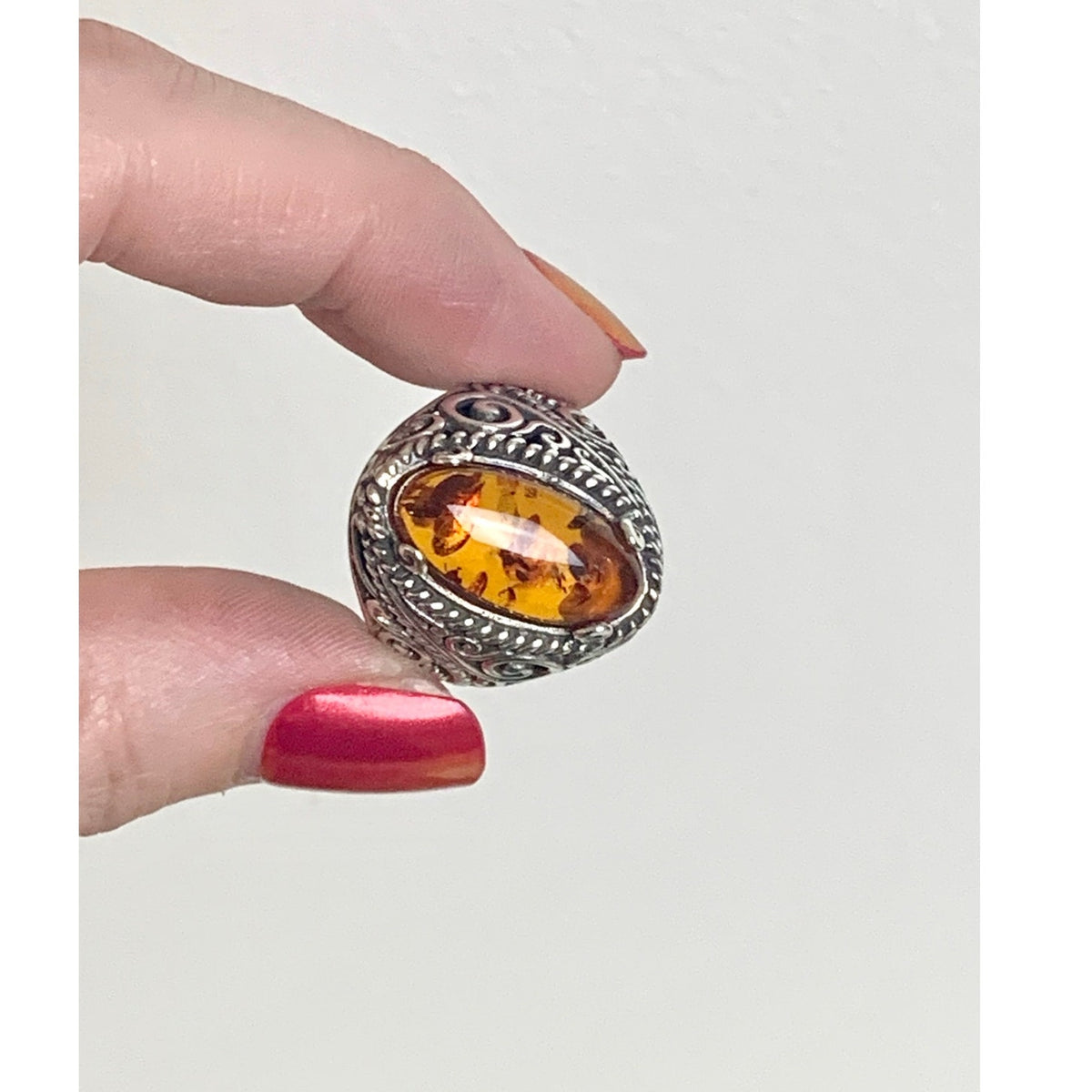 Vintage Sterling Silver Amber Ring Ornate Filigree Statement Jewelry 925 Boho Southwestern