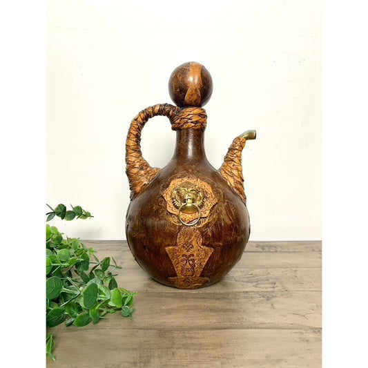 Vintage Italian Leather Lion Head Decanter Bottle Brass Ring Stopper Old Money