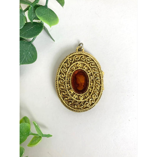 Vintage Corday Cameo Perfume Locket Pendant Charm Goldtone Filigree Elegant Victorian Style