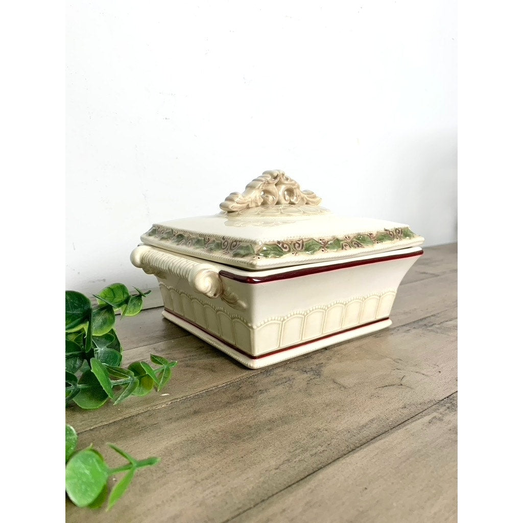 Vintage Ceramic Christmas Lidded Serving Dish with Holly Trim Holiday Tableware