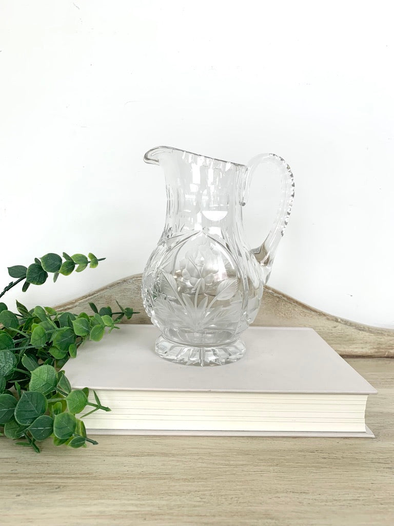 Vintage Cut Crystal Pitcher Vase - Etched Flower