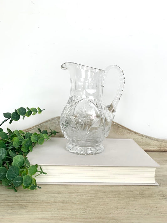 Vintage Cut Crystal Pitcher Vase - Etched Flower