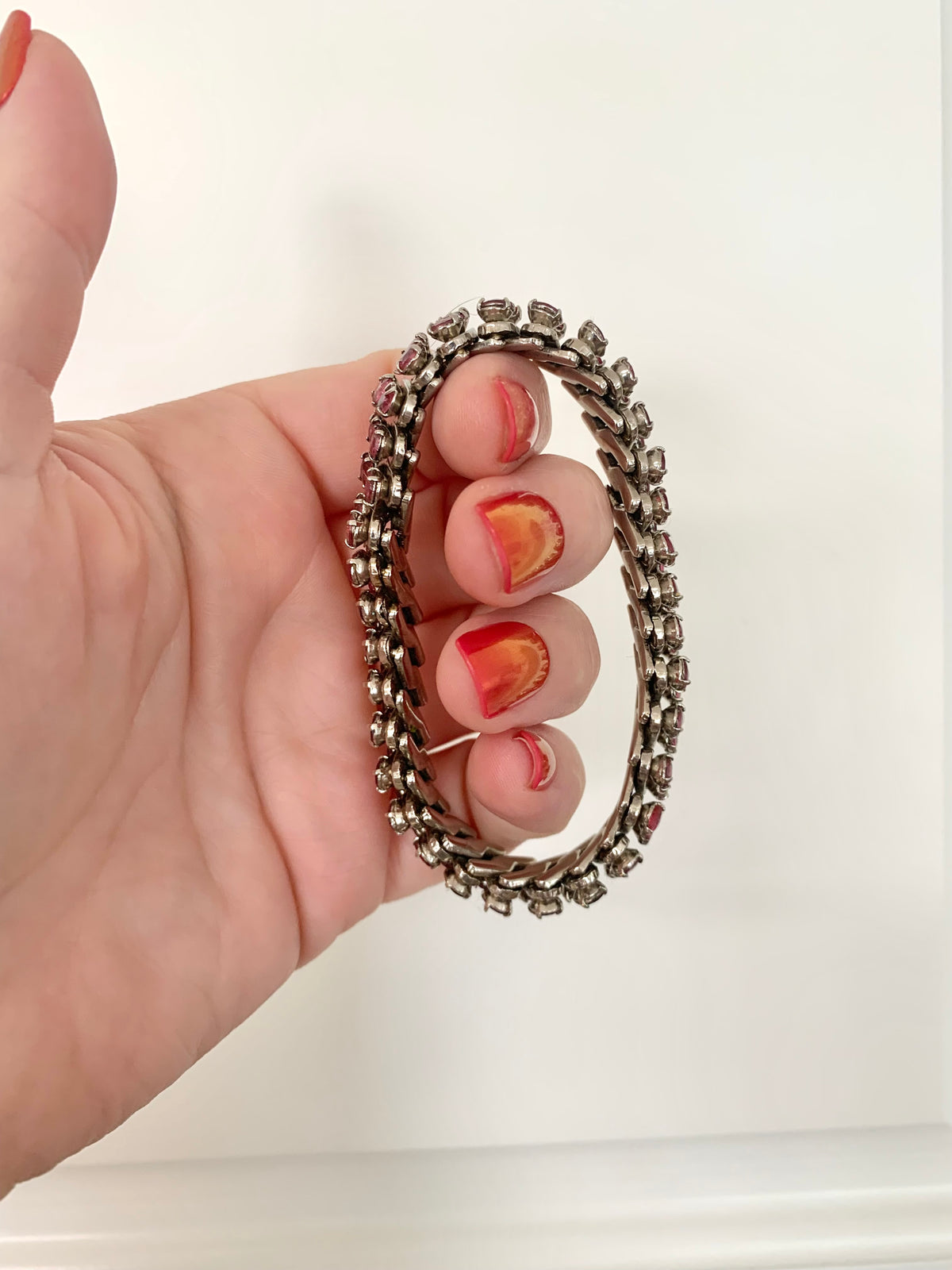 Vintage Pink Rhinestone Bracelet on Silvertone, Stretch, Japan