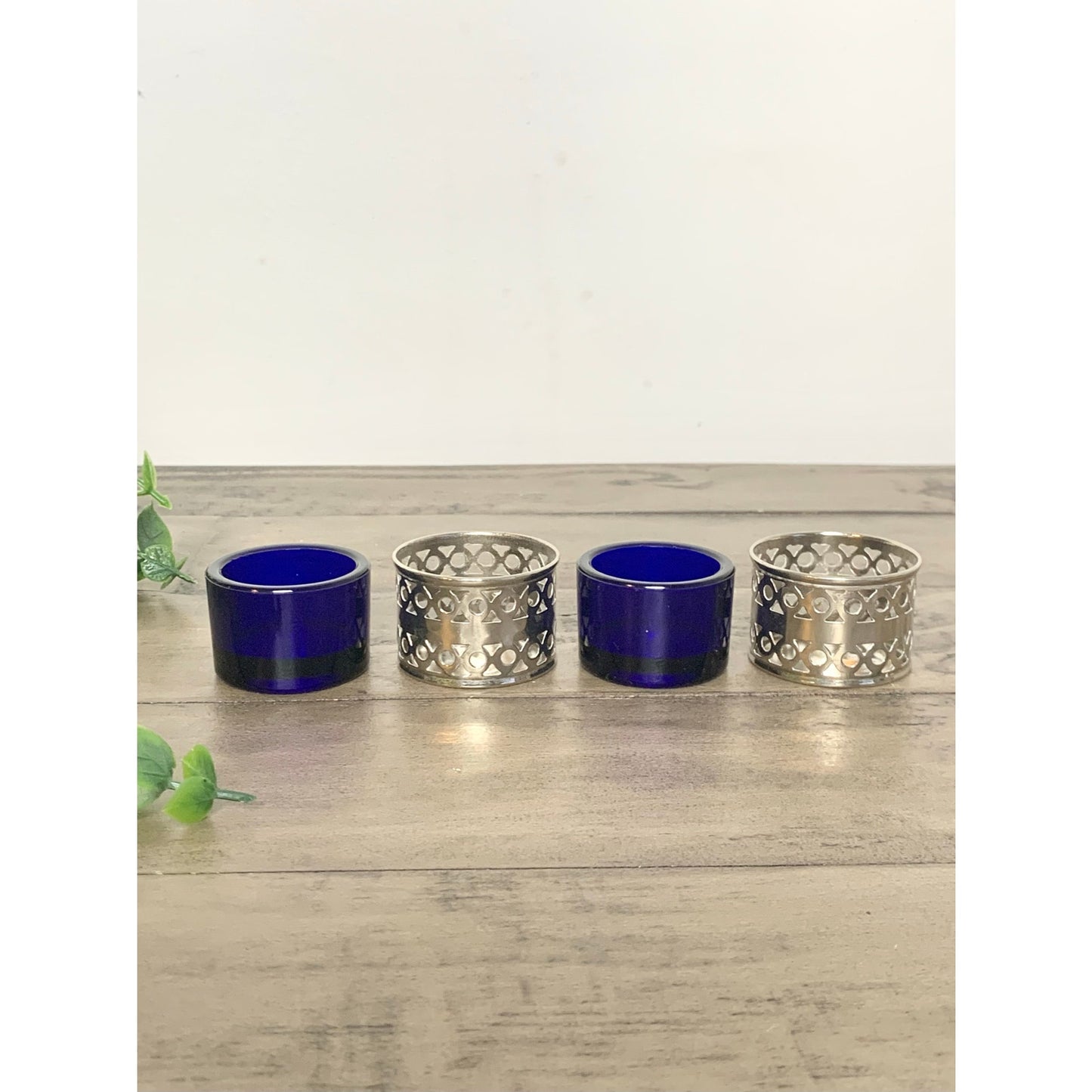 Vintage Silver EPNS Cobalt Blue Glass Salt Cellars Pair Ornate Made in England