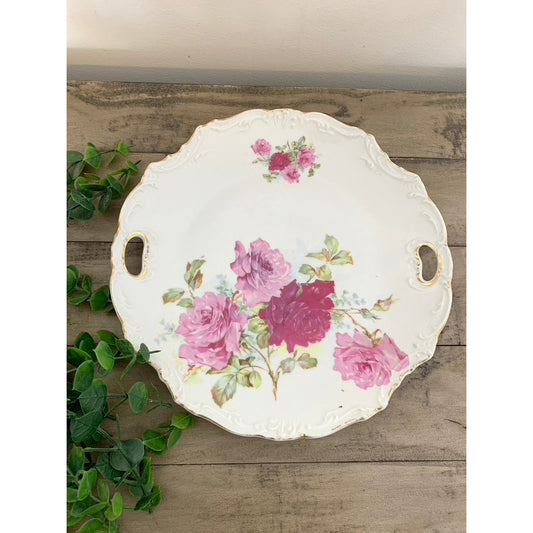 Antique Handled Porcelain Cake Plate with Pink Roses & Gold Trim Victorian Floral Serving Tray Romantic Cottagecore Shabby Chic