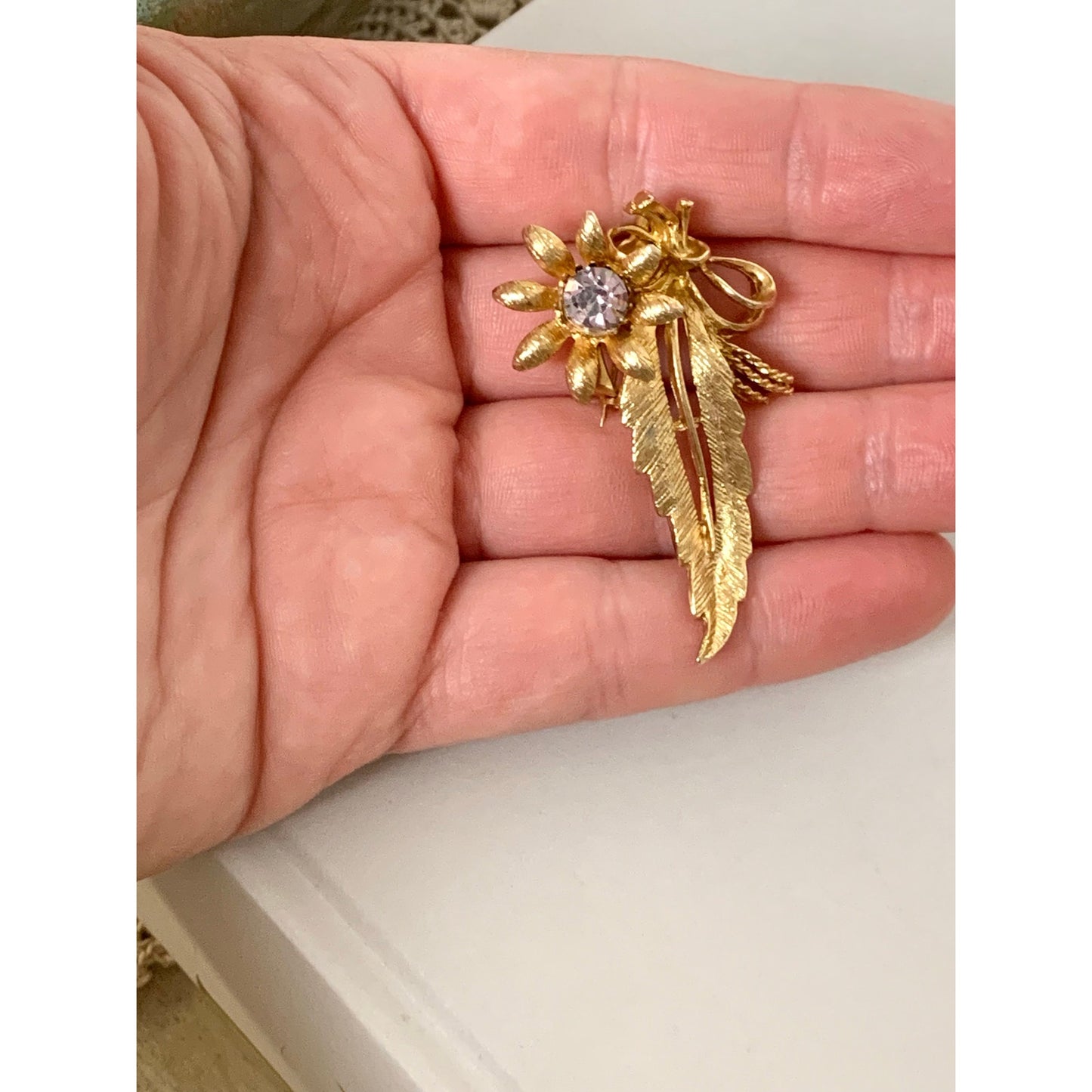 Vintage Goldtone Floral Brooch Lavender Purple Rhinestone Flower Ribbon Leaf Pin