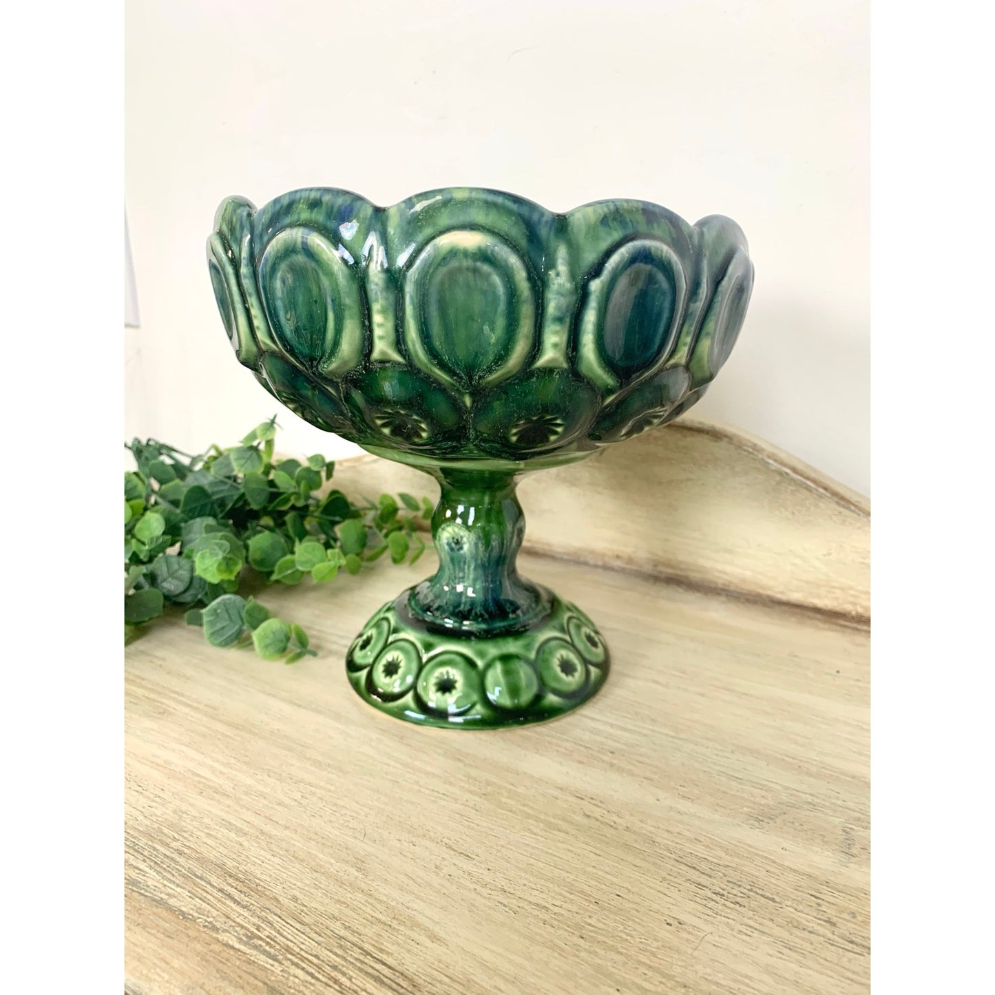 Vintage McCoy Pottery Compote Pedestal Bowl Green Teal Moon and Stars Mid Century