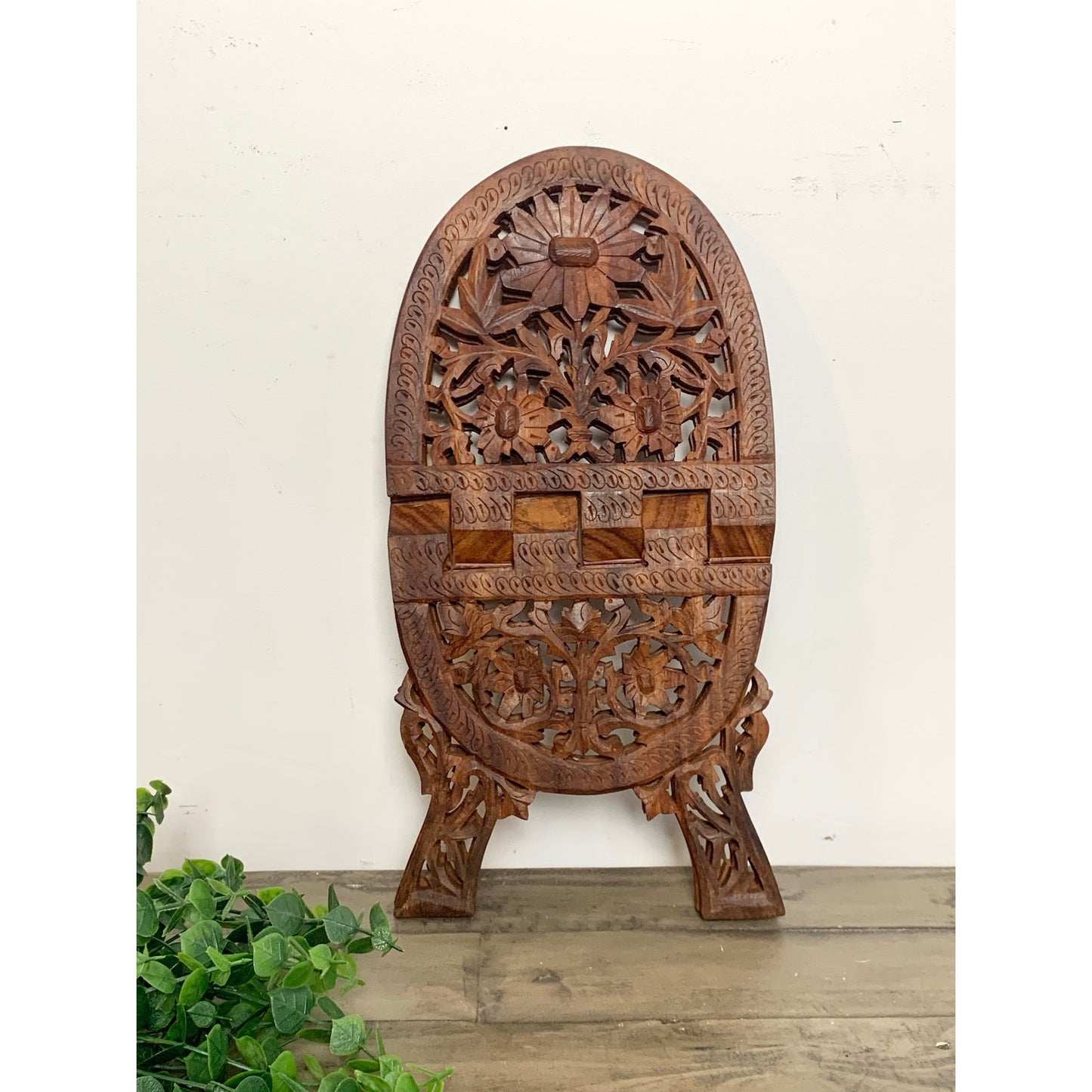 Vintage Hand Carved Wooden Book Stand Folding Ornate Cookbook Holder Mid Century