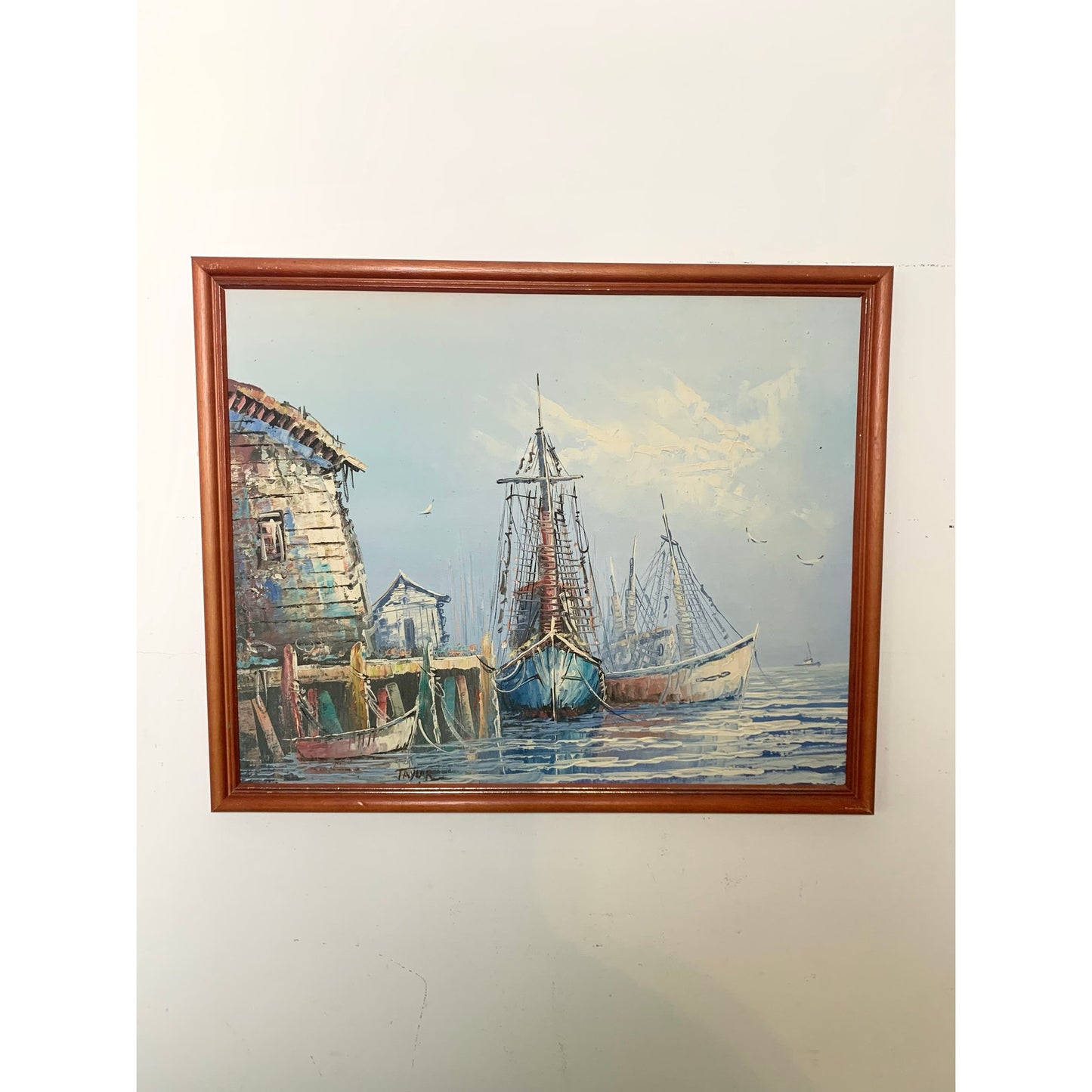 Vintage Oil Painting on Canvas Nautical Art Harbor with Boats Signed Seascape