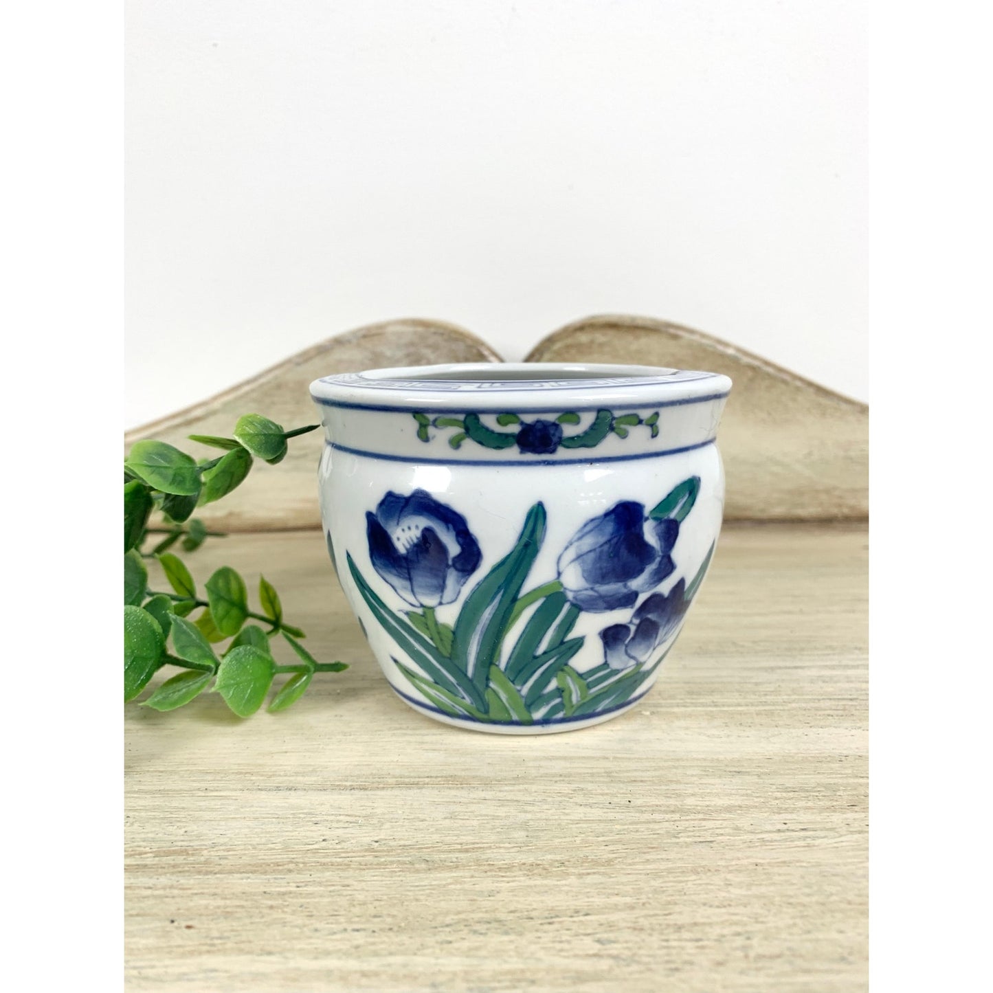 Vintage Chinoiserie Ceramic Cachepot Vase Planter Blue and White Floral Pottery