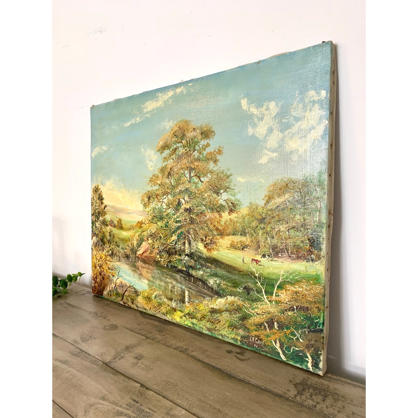 Vintage 1966 Landscape Oil Painting on Canvas – Signed C.A. Gays – Mid Century Original Farm Scene with Tree & Pond