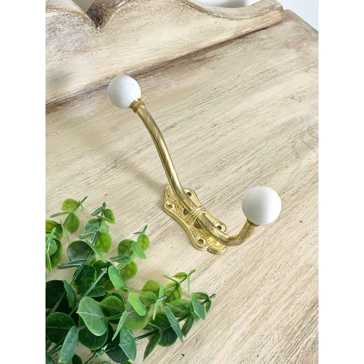 Vintage Brass Double Wall Hook White Porcelain Knobs Coat Rack Hardware