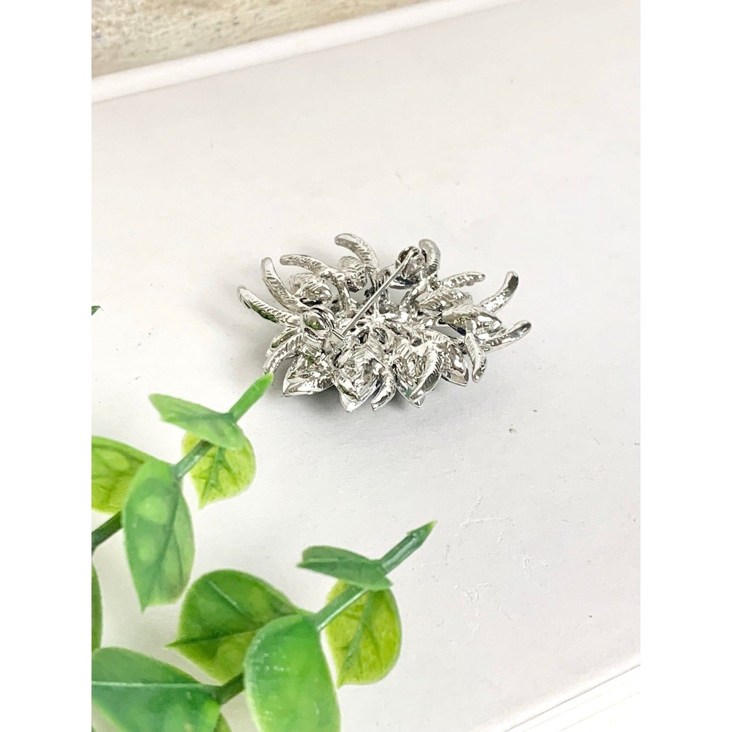Vintage Blue Violet Rhinestone Flower Brooch Silvertone Statement Pin Mid Century Glam
