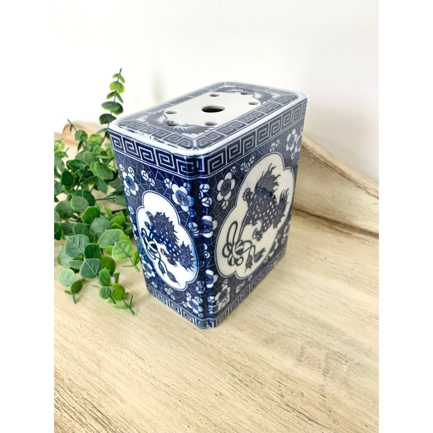 Vintage Chinoiserie Porcelain Flower Frog Blue White Foo Dog Vase Andrea by Sadek
