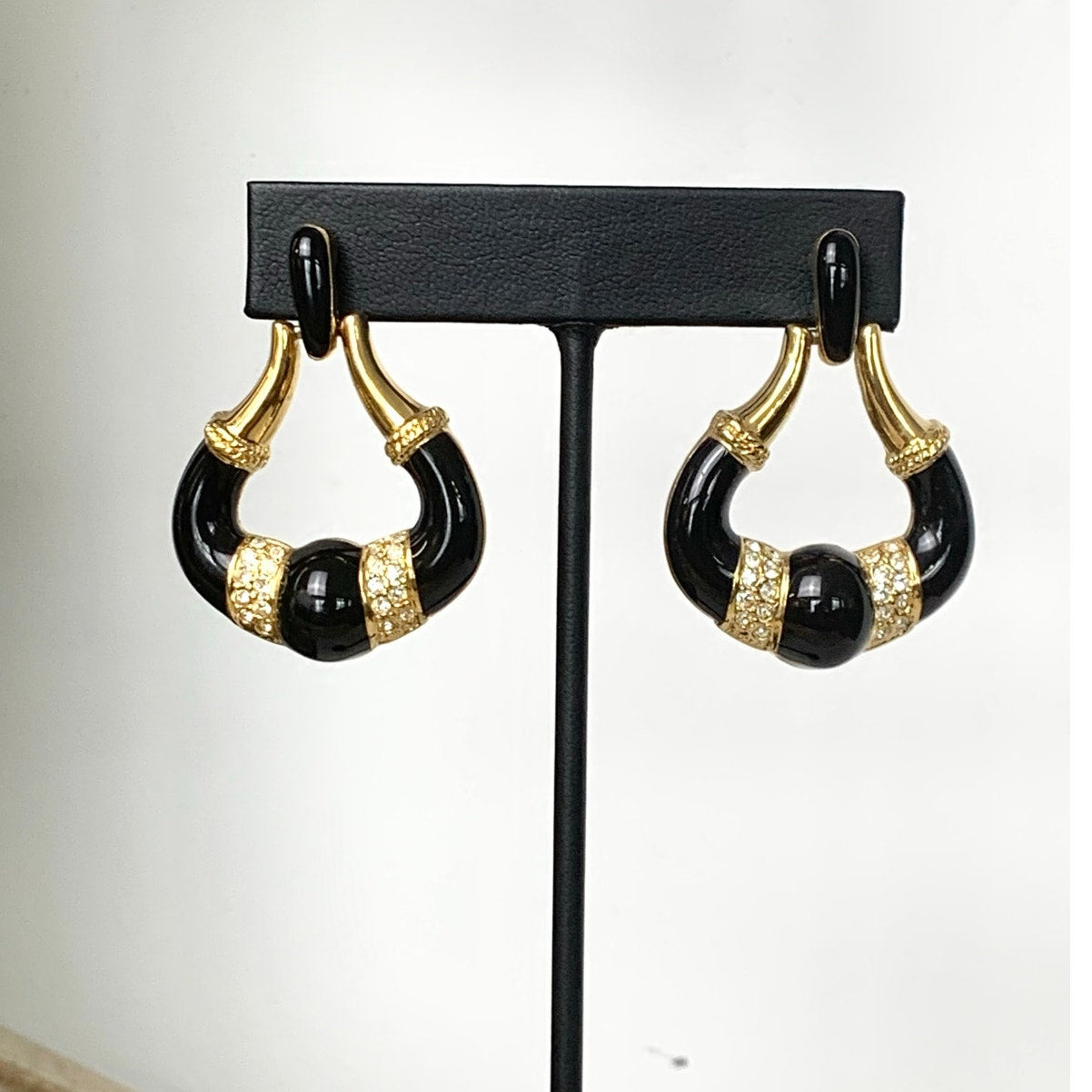 Vintage Black Enamel Rhinestone Goldtone Doorknocker Earrings Pierced Statement Glam
