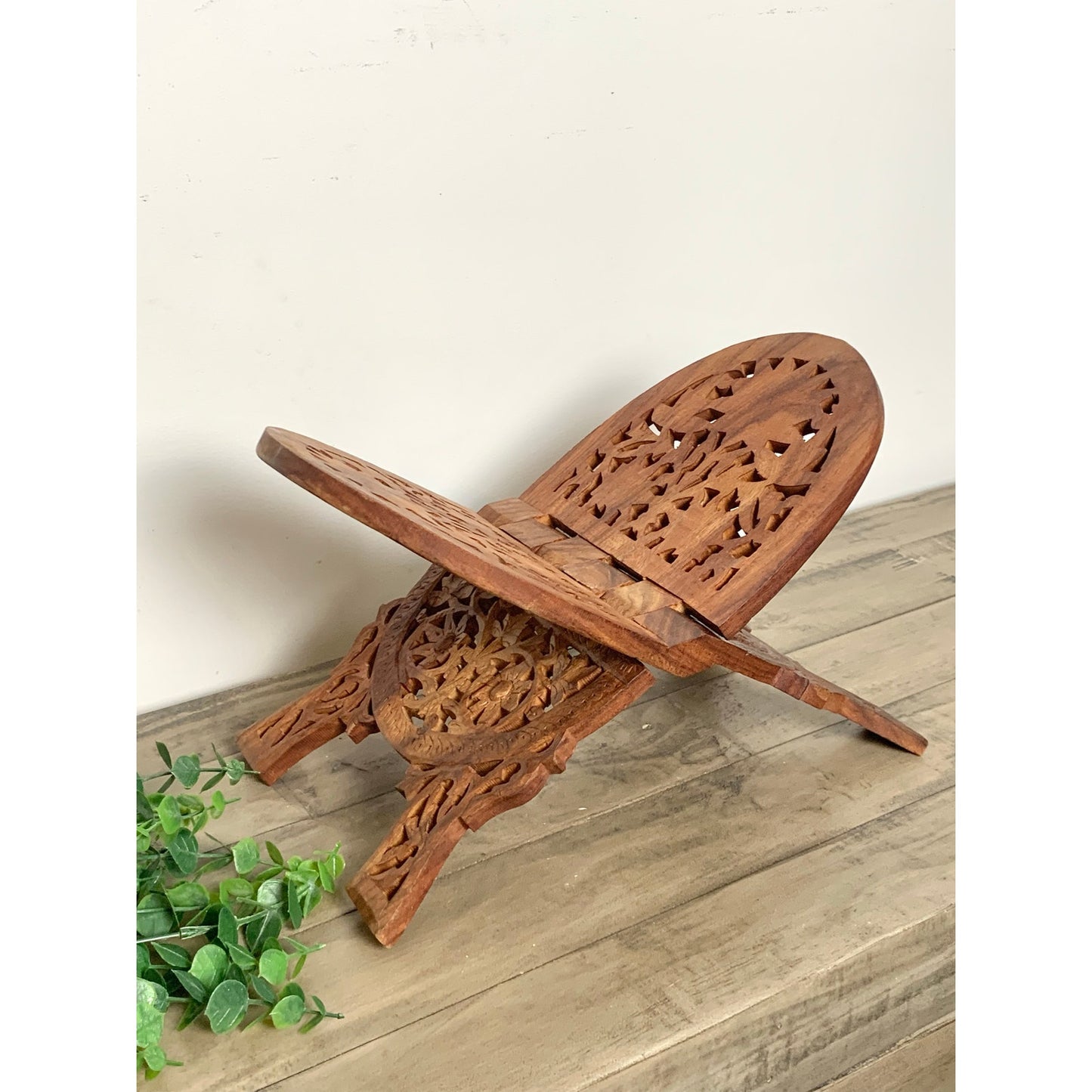 Vintage Hand Carved Wooden Book Stand Folding Ornate Cookbook Holder Mid Century