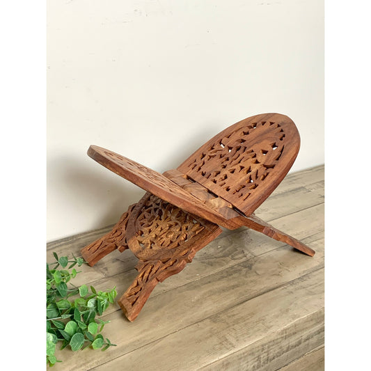 Vintage Hand Carved Wooden Book Stand Folding Ornate Cookbook Holder Mid Century