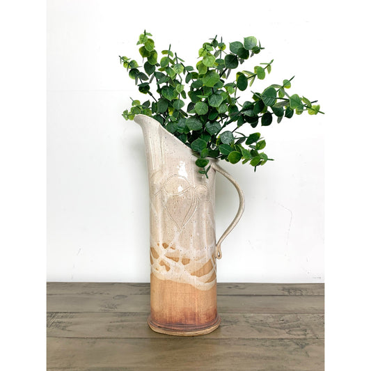 Handmade Artisan Pottery Pitcher Vase, Stoneware Rustic Neutral Glaze, 12.75" H