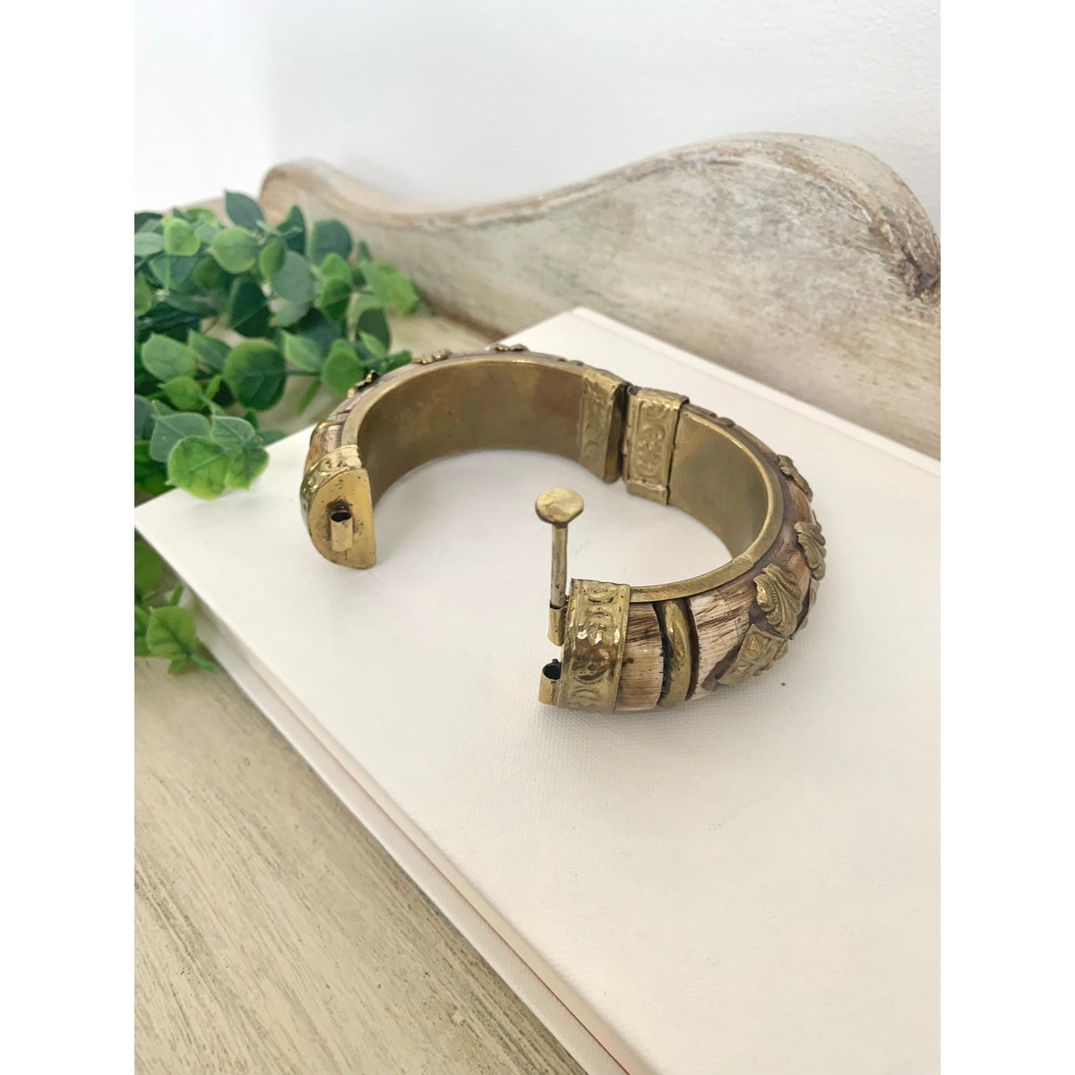 Vintage Camel Bone Bangle Bracelet Brass Overlay Hinged Statement Jewelry