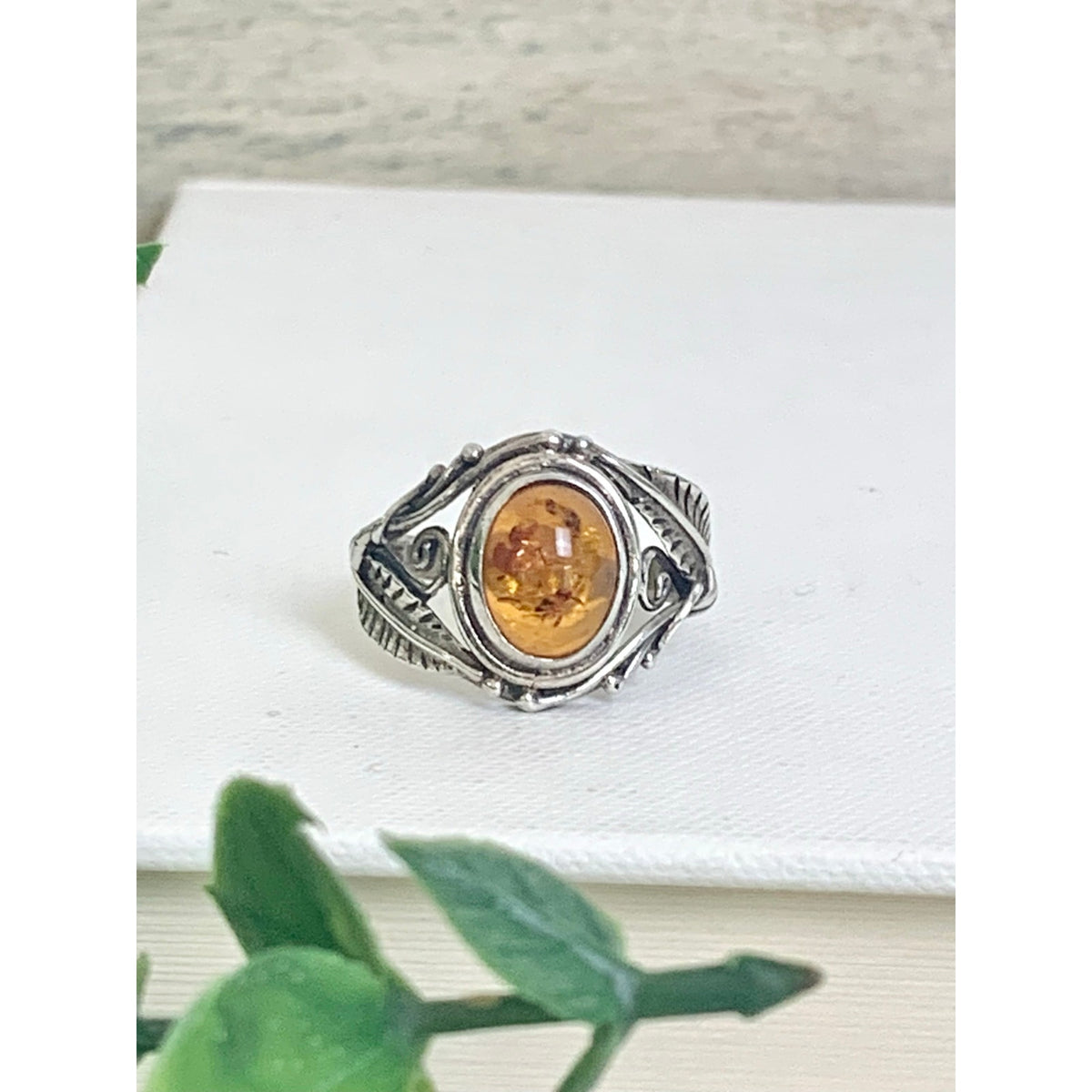 Vintage Sterling Silver Amber Ring Botanical Leaf Filigree Jewelry Boho Southwestern